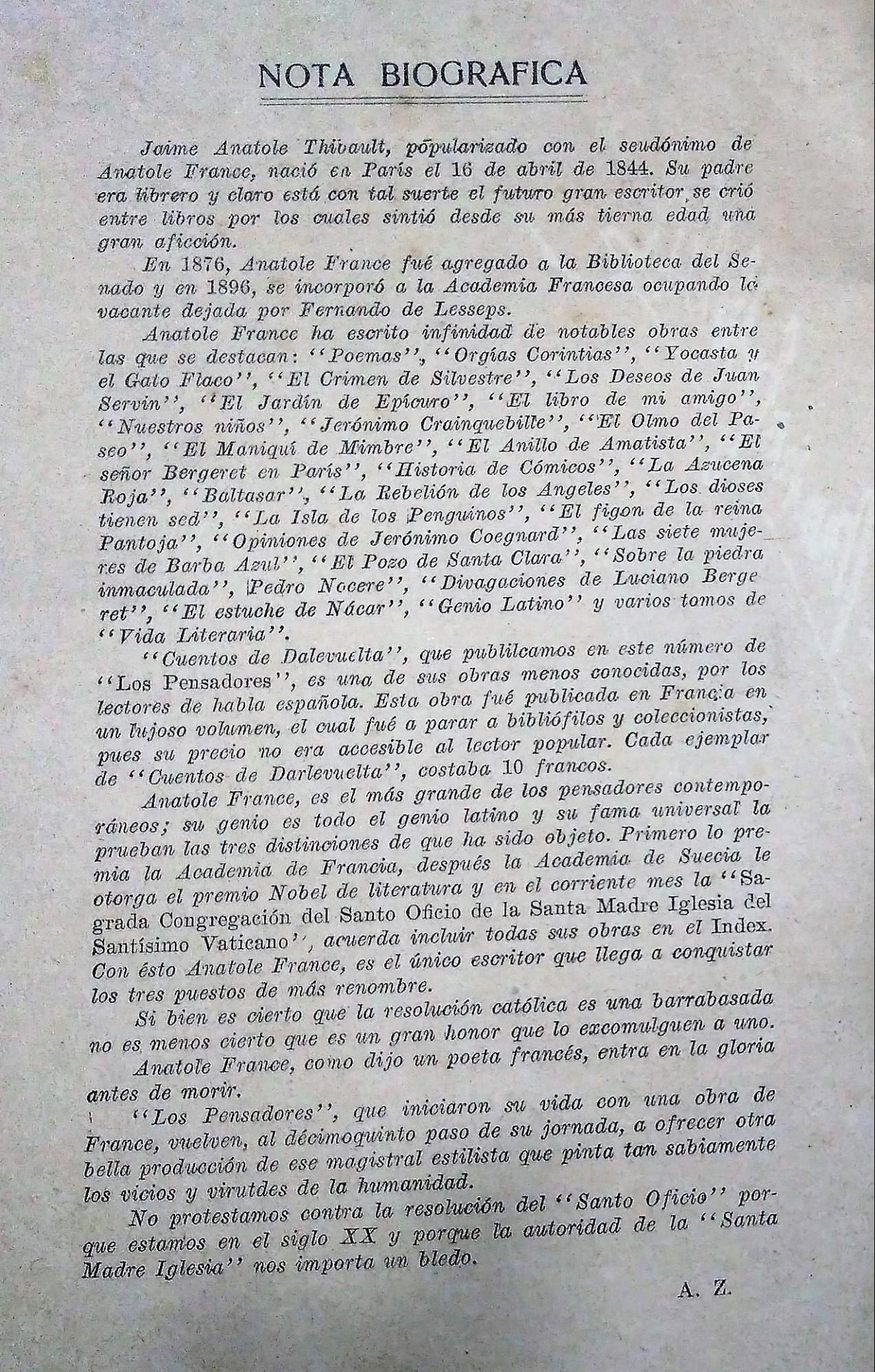 Descripci&oacute;n: I:\2019 Los pensadores 1920 Bib A Korn\Los pensadores Num 3 a 36\15 A France nota biogr (2).jpg
