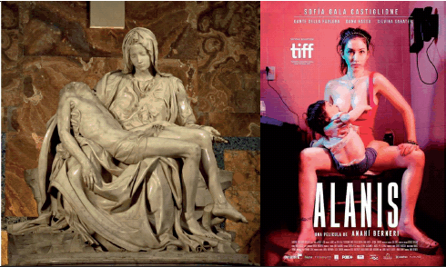 A la izquierda, La    Pietà de Miguel Ángel en la Basílica de San Pedro; a la derecha, el    afiche del film Alanís (2017), de la directora Anahí Berneri.