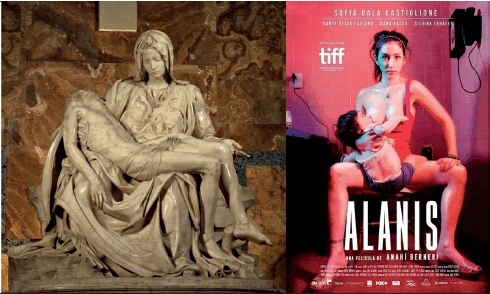 A la izquierda, La Pietà de Miguel Ángel en la Basílica de San Pedro; a la derecha, el afiche del film Alanís (2017), de la directora Anahí Berneri.