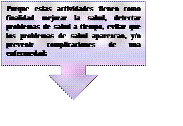 Llamada de flecha hacia abajo: Porque estas actividades tienen como finalidad mejorar la salud, detectar problemas de salud a tiempo, evitar que los problemas de salud aparezcan, y/o prevenir complicaciones de una enfermedad:
