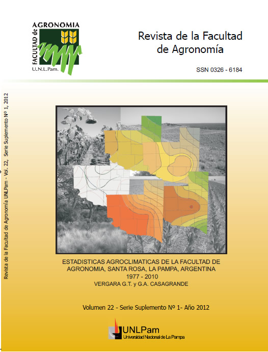 					Ver Vol. 22 (2012): Serie Suplemento I. Estadísticas agroclimáticas de la Facultad de Agronomía Santa Rosa, La Pampa 1977-2010
				
